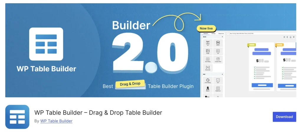 WP Table Builder uses a visual drag-and-drop editor where you place content into cells element by element: text blocks, images, buttons, star ratings, and custom HTML. What you see in the editor is exactly what appears on the page.