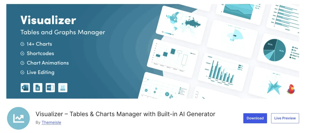 Visualizer is primarily a chart plugin that happens to include table functionality. It is most useful when data needs to appear as both a visual chart and a structured table on the same page: for dashboards, reports, or analytics displays where the relationship between the two matters.
