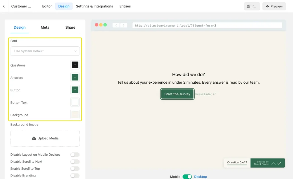 Fluent Forms conversational form Design tab with Font, Questions, Answers, Button, Button Text, and Background color settings highlighted next to a live preview