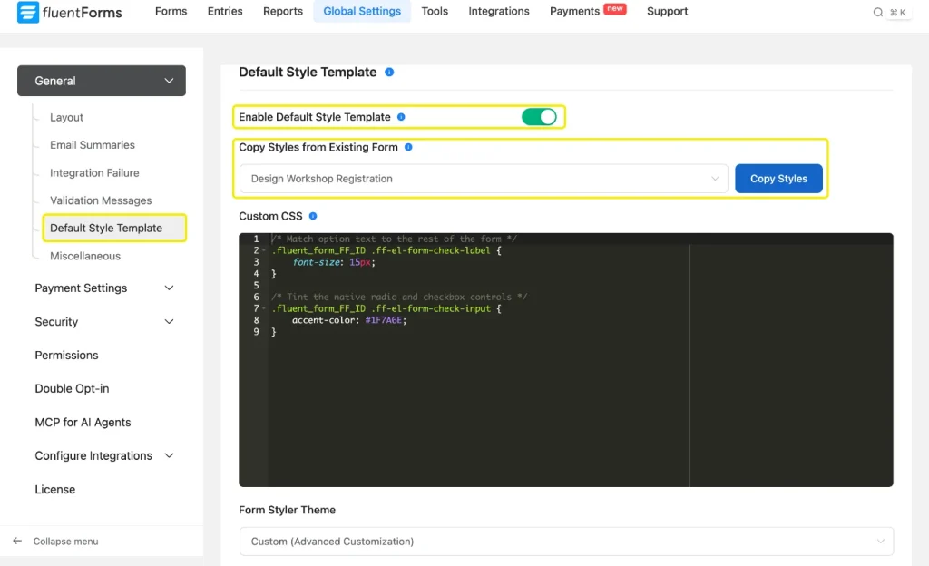 Default Style Template settings in Fluent Forms Global Settings with Enable Default Style Template turned on and Copy Styles from Existing Form set to Design Workshop Registration