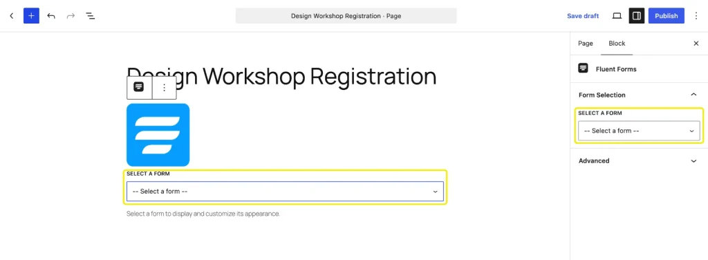Fluent Forms block added to a page in the WordPress block editor with the Select a Form dropdown highlighted in the block and in the sidebar