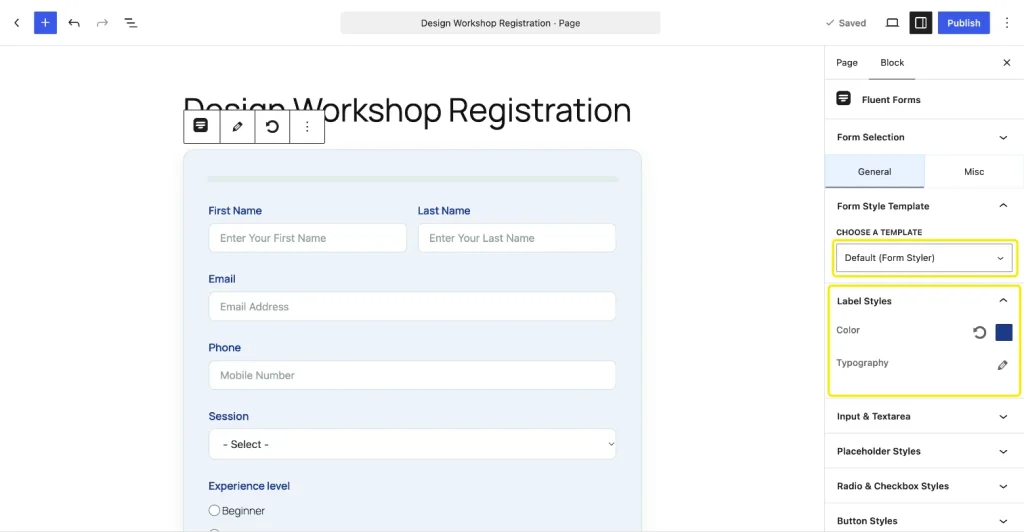 Fluent Forms block General tab in the Gutenberg sidebar with the Default Form Styler template and Label Styles color set to navy, and the form showing navy labels on a light blue background