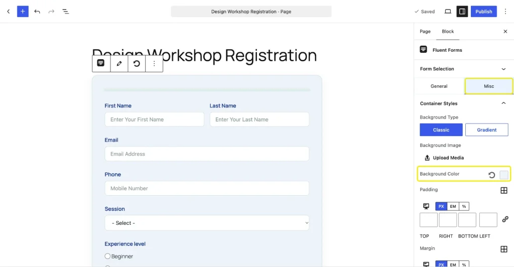 Fluent Forms block Misc tab with Container Styles open and the Background Color setting highlighted