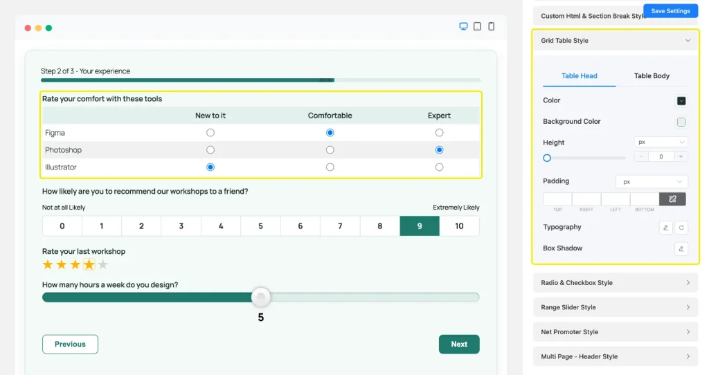 Grid Table Style section with Table Head and Table Body tabs, and a checkable grid rating Figma, Photoshop, and Illustrator highlighted in the preview
