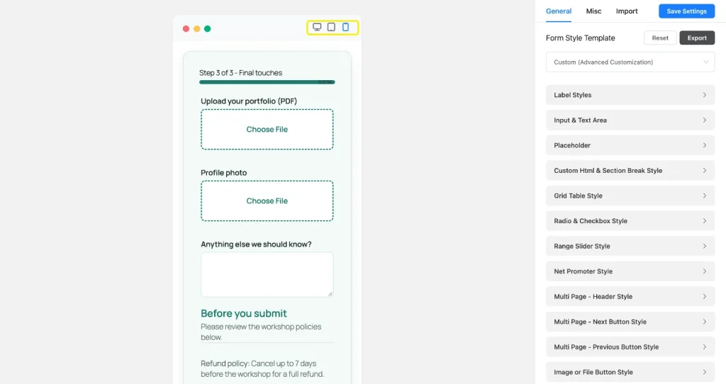 Fluent Forms Preview and Design in mobile view with the desktop, tablet, and mobile preview icons highlighted
