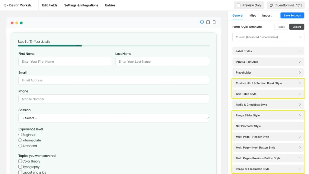 Preview and Design for a multi-step workshop form with field-specific style sections highlighted, including Grid Table, Range Slider, Net Promoter, Multi Page, and Image or File Button styles