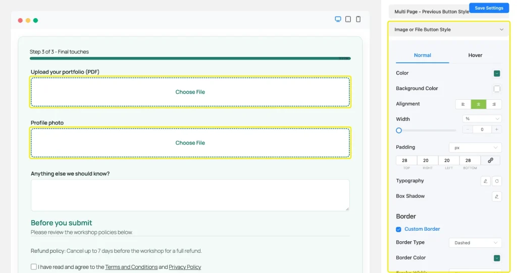 Image or File Button Style section with a dashed border setting, and two upload dropzones with dashed teal borders highlighted in the preview