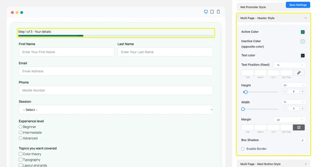 Multi Page Header Style section open with active, inactive, and text color settings, and the teal step progress bar highlighted in the preview