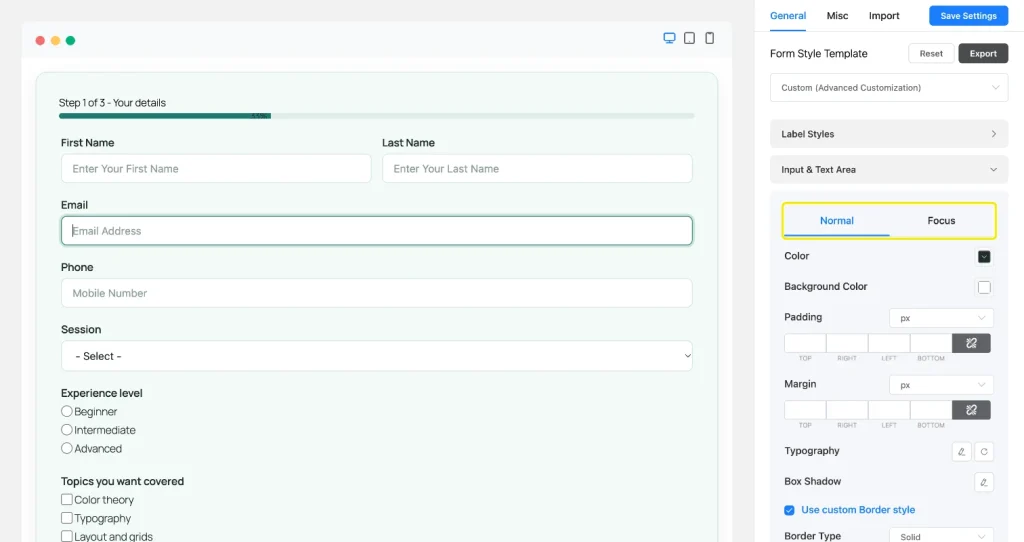 Input and Text Area section with Normal and Focus tabs highlighted, and the Email field showing a teal focus border in the preview