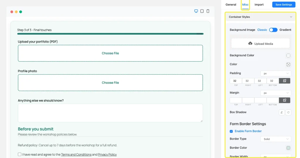 Container Styles section on the Misc tab with background image, background color, 32px padding, and form border settings highlighted