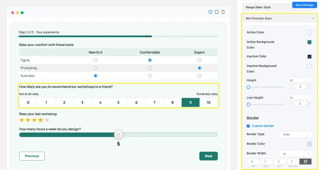 Net Promoter Style section with active and inactive color settings, and an NPS scale with 9 selected in teal