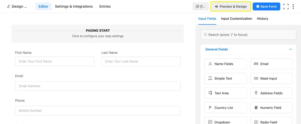 Fluent Forms form editor with the Preview and Design button highlighted in the top bar