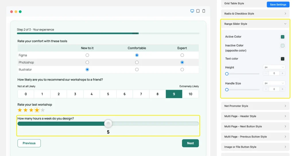 Range Slider Style section with active and inactive colors, and a teal range slider set to 5 in the preview