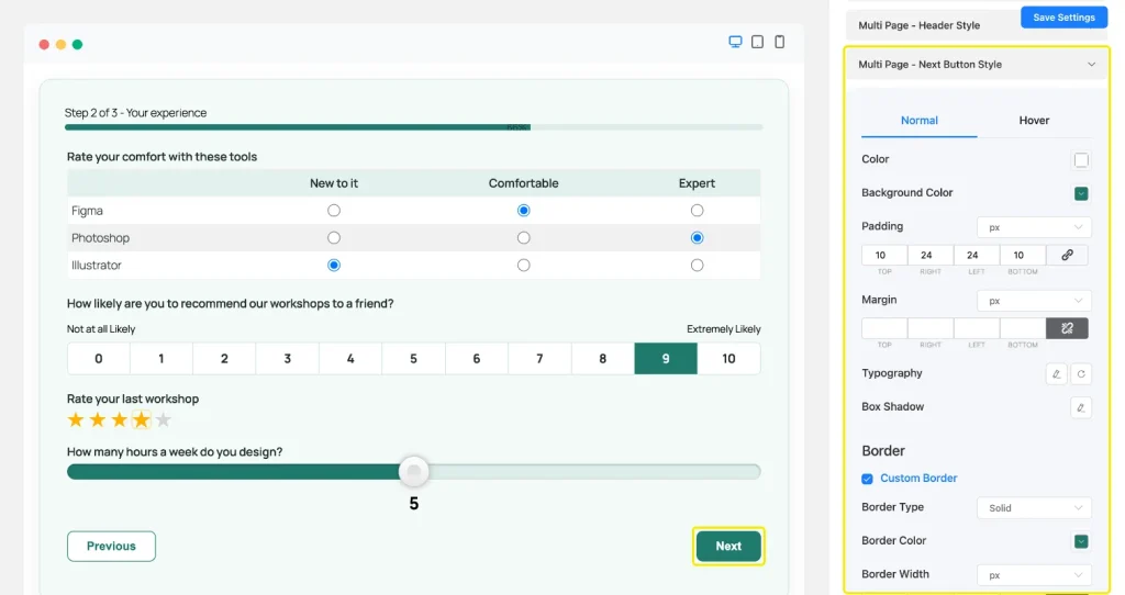 Multi Page Next Button Style section with Normal and Hover tabs, and the solid teal Next button highlighted in the preview