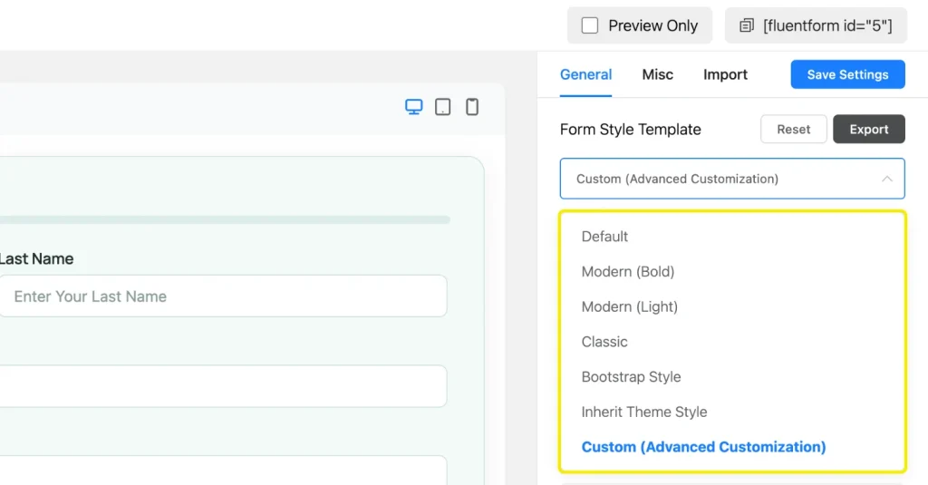 Form Style Template dropdown in Fluent Forms Preview and Design listing Default, Modern Bold, Modern Light, Classic, Bootstrap Style, Inherit Theme Style, and Custom Advanced Customization