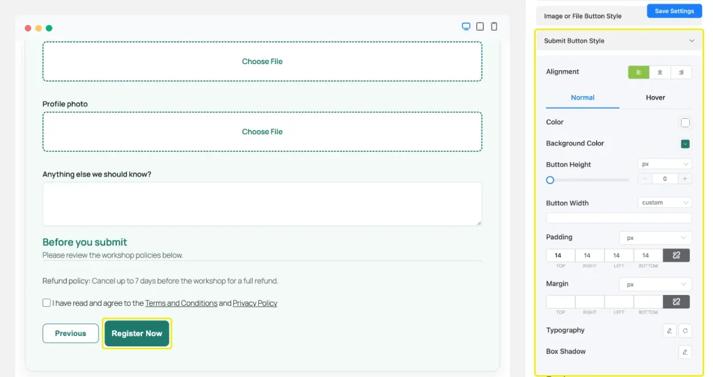 Submit Button Style section with alignment and Normal and Hover tabs, and the teal Register Now button highlighted in the preview