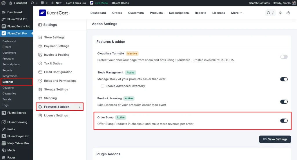 Enable Order Bump in FluentCart Dashboard