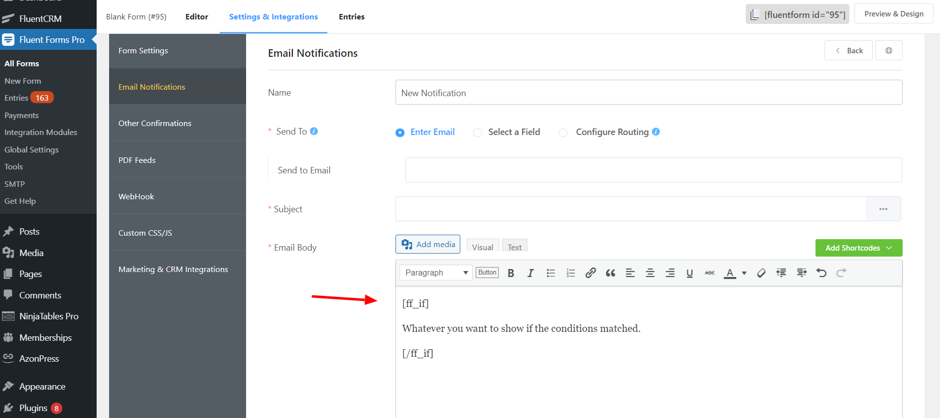 Conditional shortcode email notification
