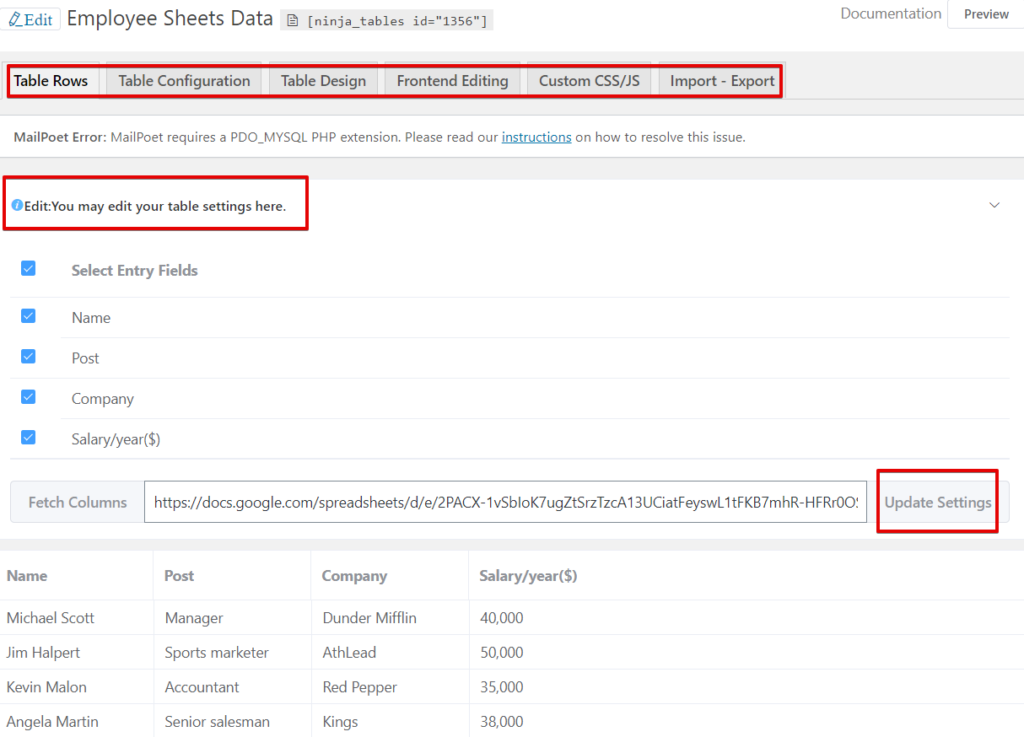 Google Sheets data display in a tabular format