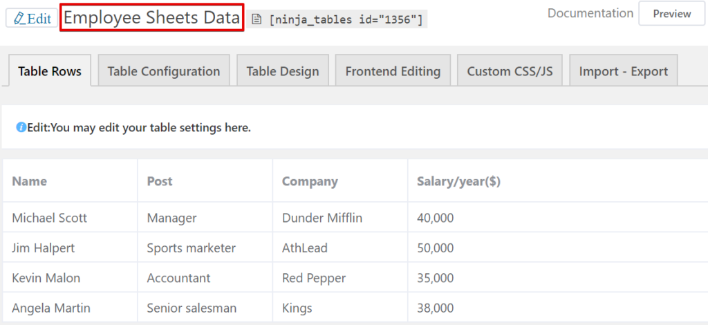 Create a table with Google Sheets data using a table plugin