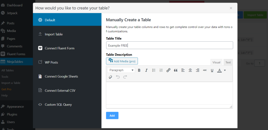 creating a table with ninja tables