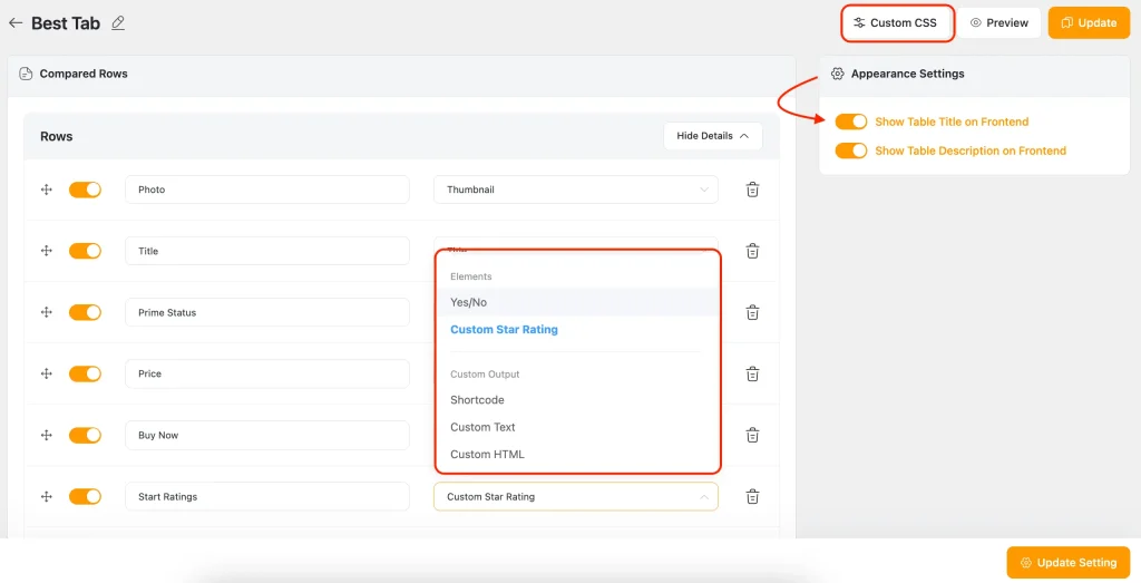 Showing customization part. AzonPress allows you to customize your table with Yes/No elements, Custom Text, HTML, Shortcode, and Star Rating. Besides, you can use Custom CSS for advanced design.