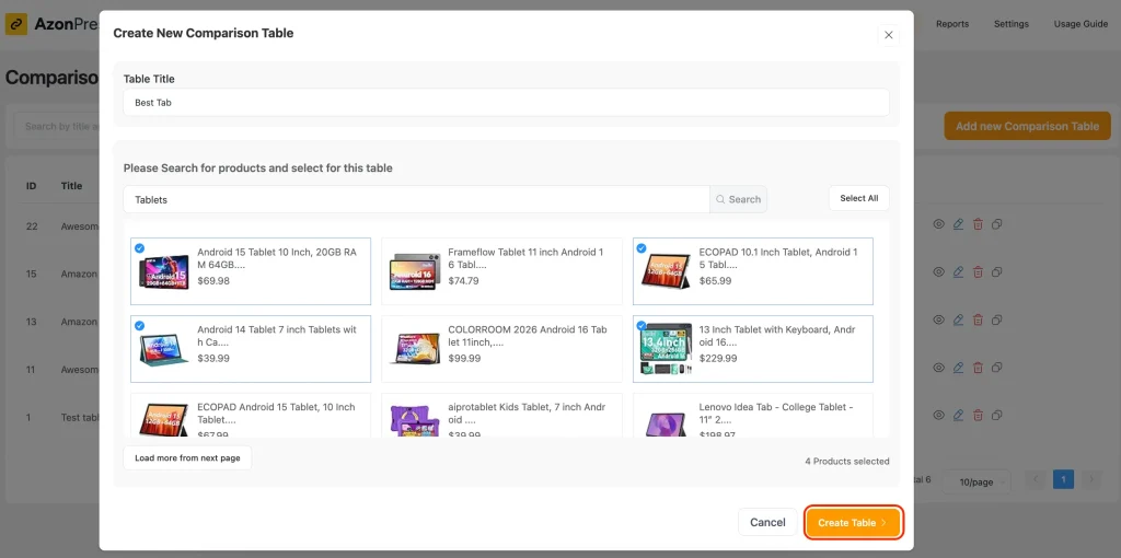 Use the product search bar to find the products you want to compare, then checkmark the ones you want to add.

You'll be prompted to enter a Table Title; enter one, then click Create Table.

AzonPress automatically pulls in product details and generates a buy button linked to your affiliate ID. The affiliate link also gets added to the product image and title, so every clickable element drives traffic through your link.