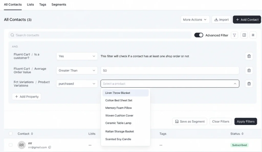 FluentCRM Advanced Filter using FluentCart customer and purchase data