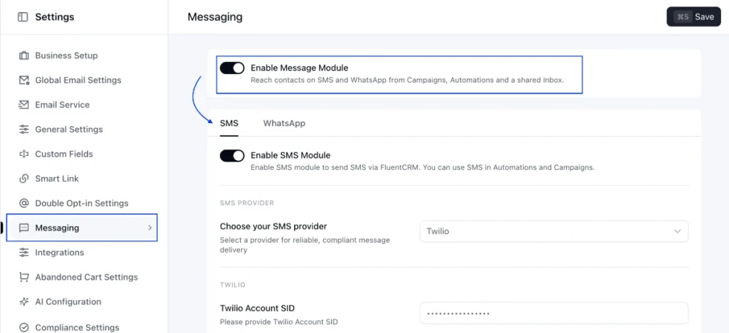 FluentCRM SMS settings for connecting an SMS provider