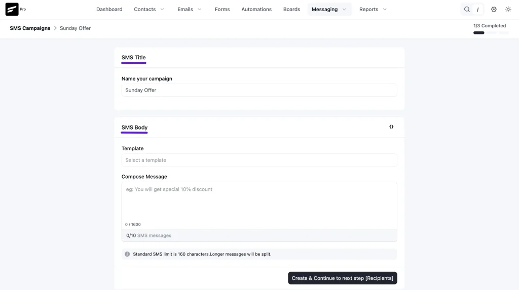 FluentCRM SMS campaign editor for creating a targeted SMS campaign