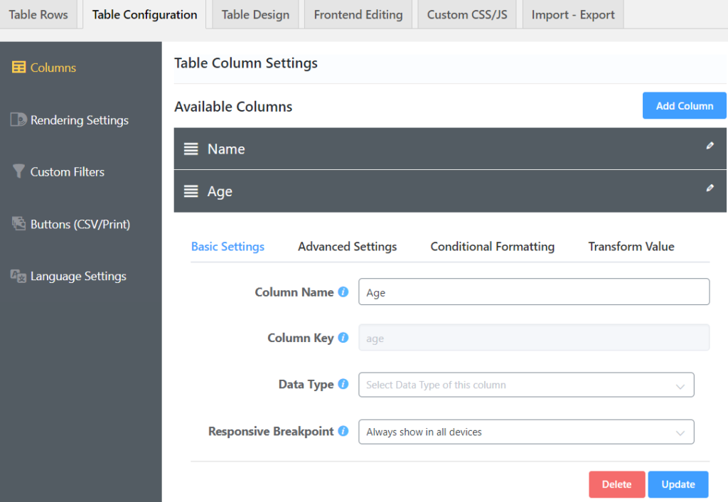 configuring a table plugin