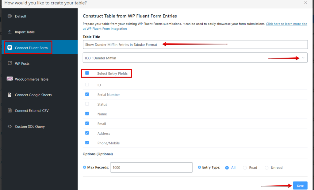 form entries in WordPress tables using Ninja Tables