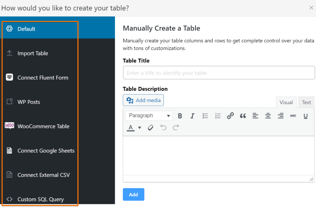 how to create a table with Ninja Tables