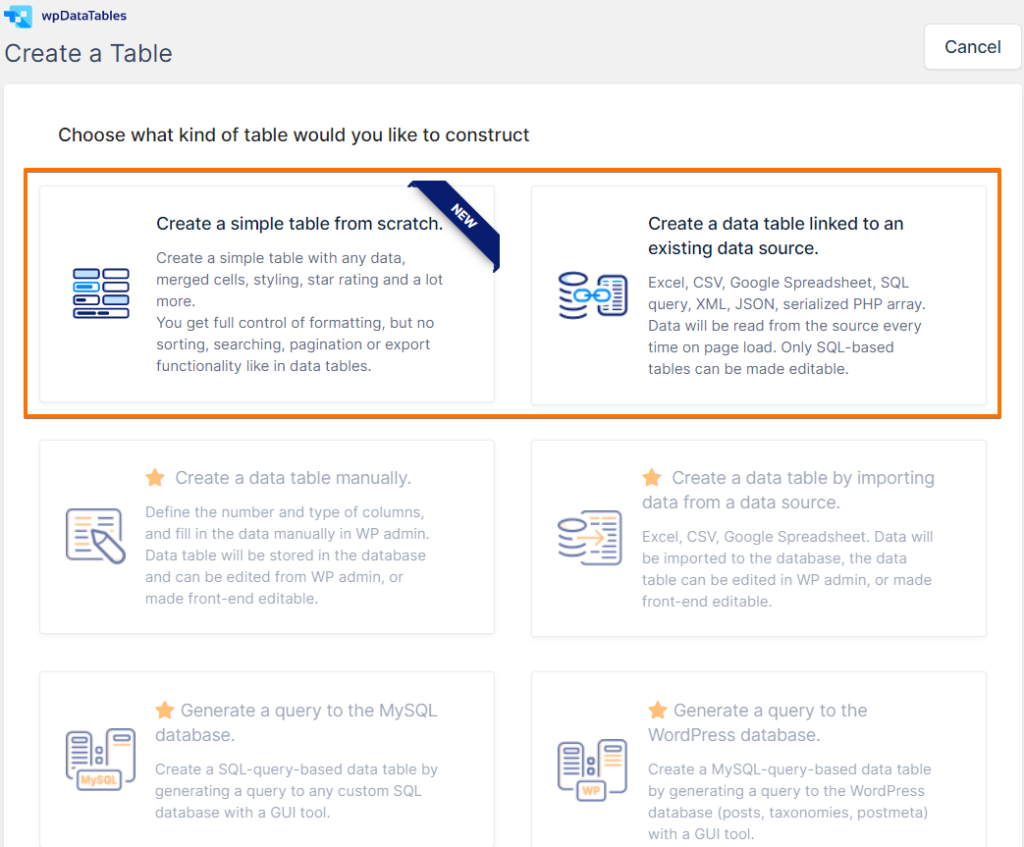 create a table with wpDataTables