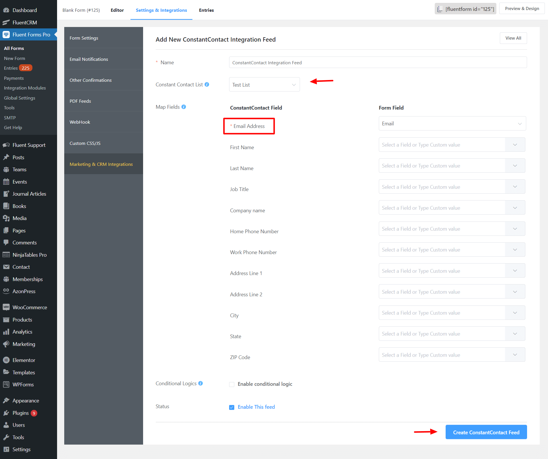 Fluent forms Constant Contact mapping fields