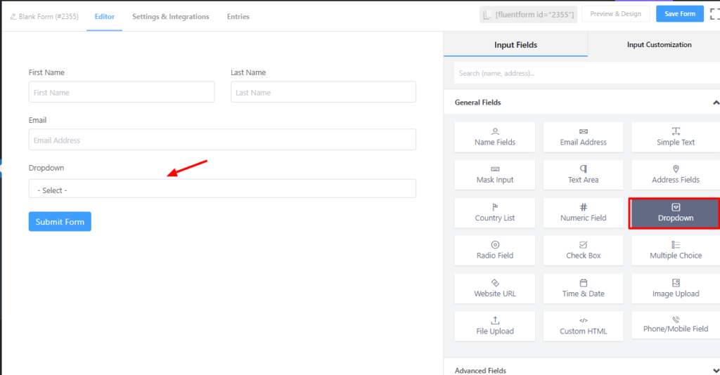 Dropdown Field In Wp Fluent Form Wordpress Plugin