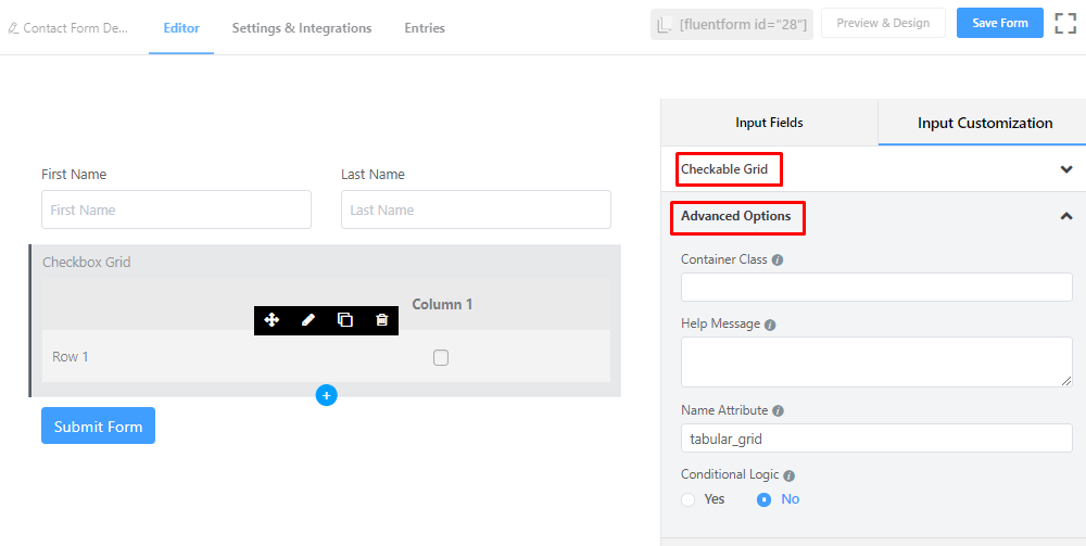 Checkable grid edit advanced options of Fluent Forms.png