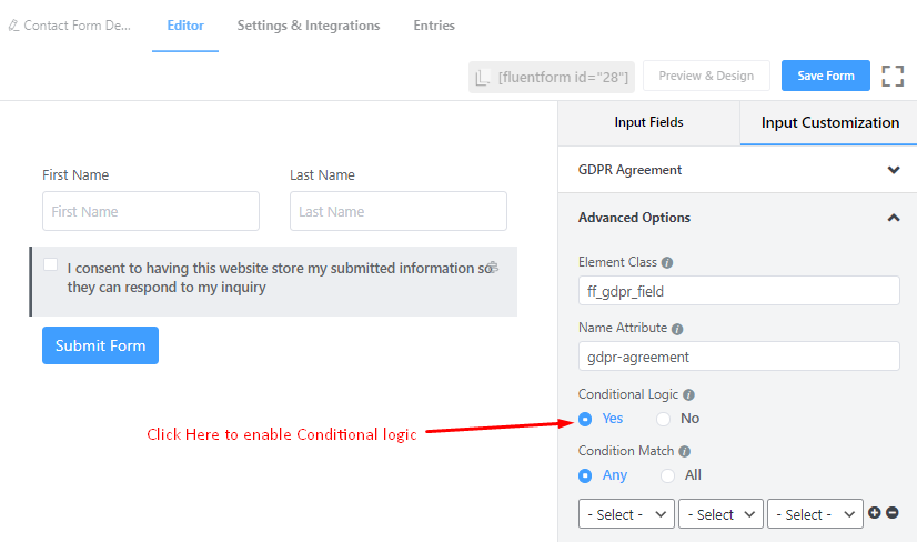 Conditional Logic feature of GDPR field in Fluent Form.png