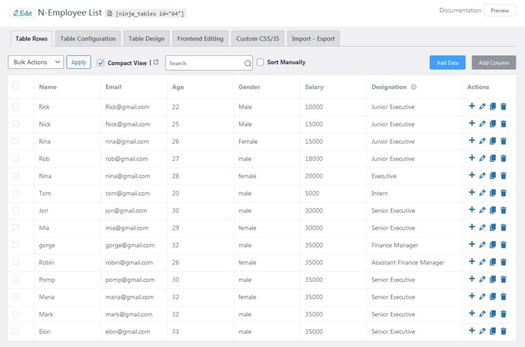 employee data table editor in Ninja Tables