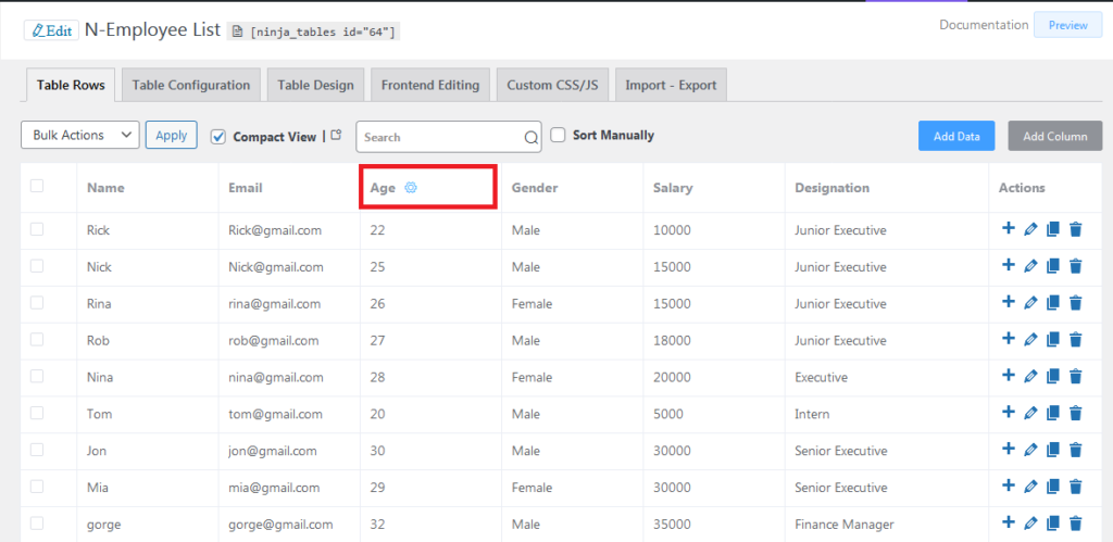 Ninja Tables editor dashboard