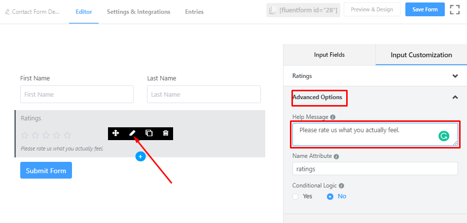 Rating Field Help Message of Fluent Form.png