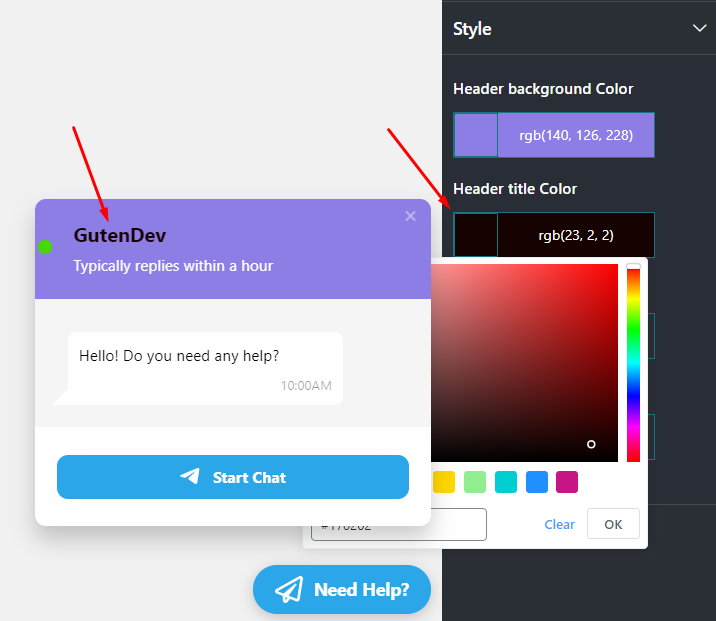 live chat Header Title Color