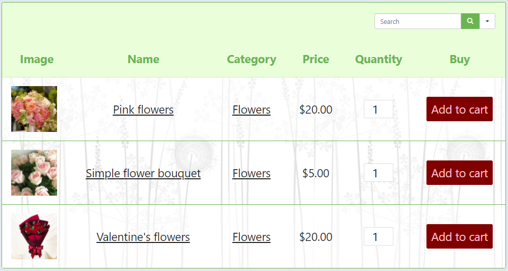 eCommerce table made with Ninja Tables