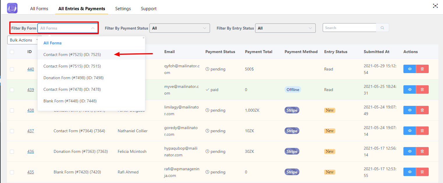 View and Manage all Form Entries in WPPayForm - WP Manage Ninja