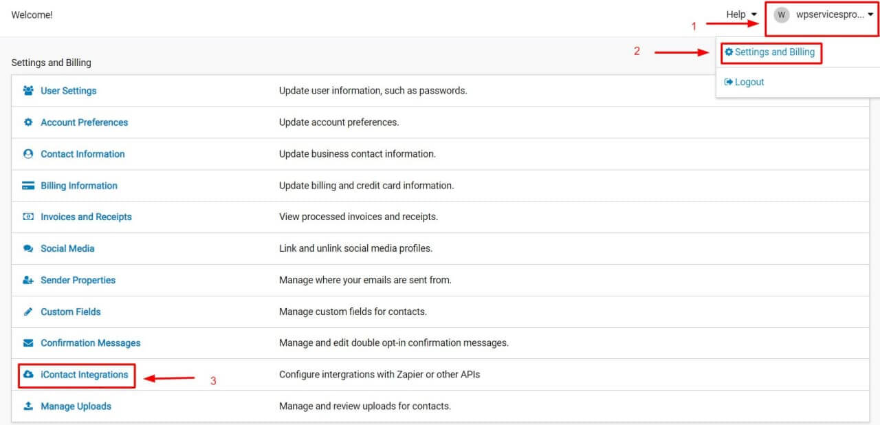 iContact Integration settings with WP Fluent Forms