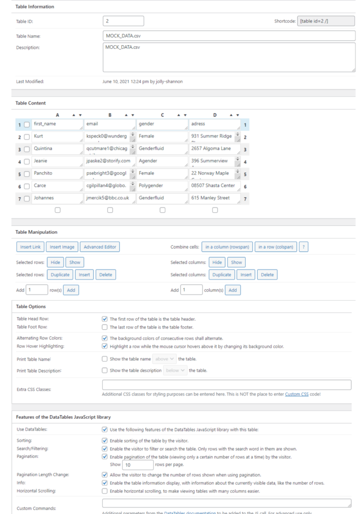 TablePress Plugin Interface wpmanageninja