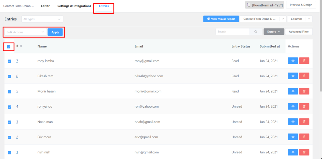 Bulk Action to Delete Entries - Fluent Forms