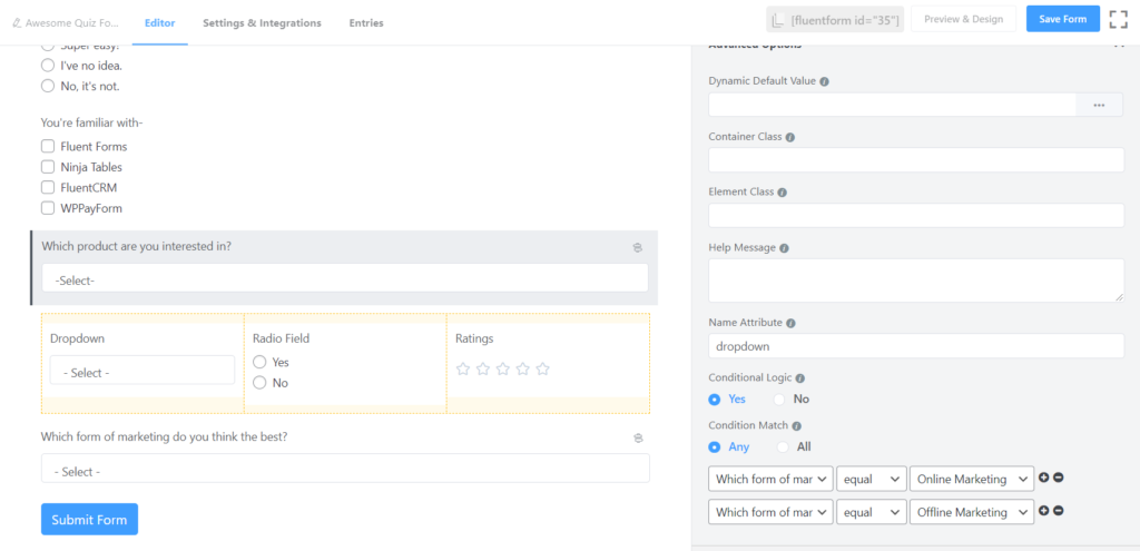 Conditional Logic on Quiz Form - Fluent Forms