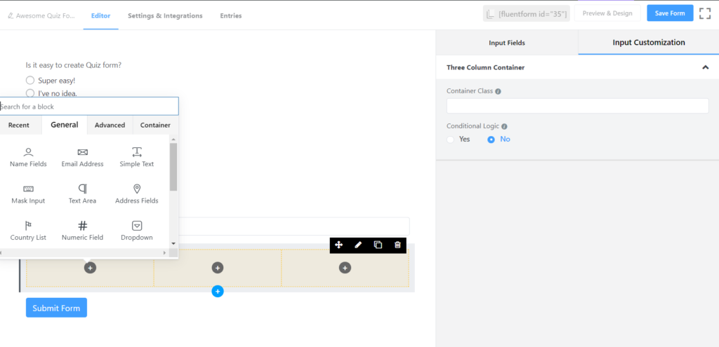 Multiple Column container quiz form - Fluent Forms