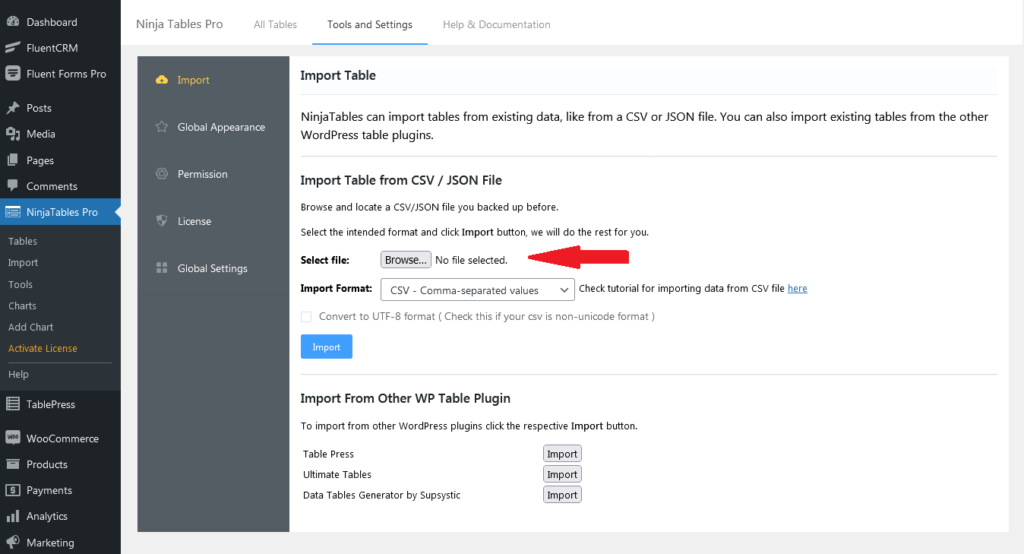 import table ninja tables feature